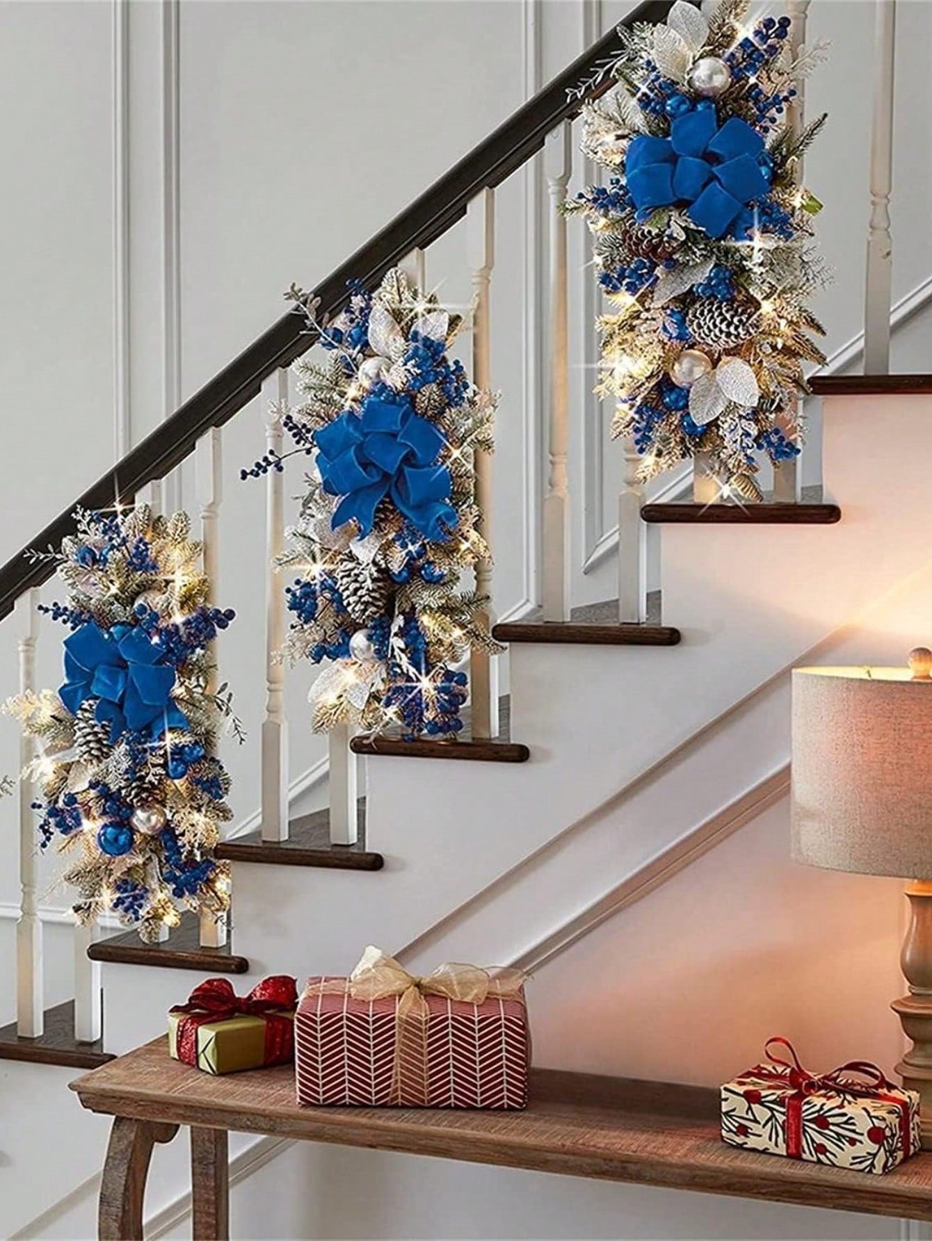 Artificial Stairs Christmas Garland With LED Lights  blue