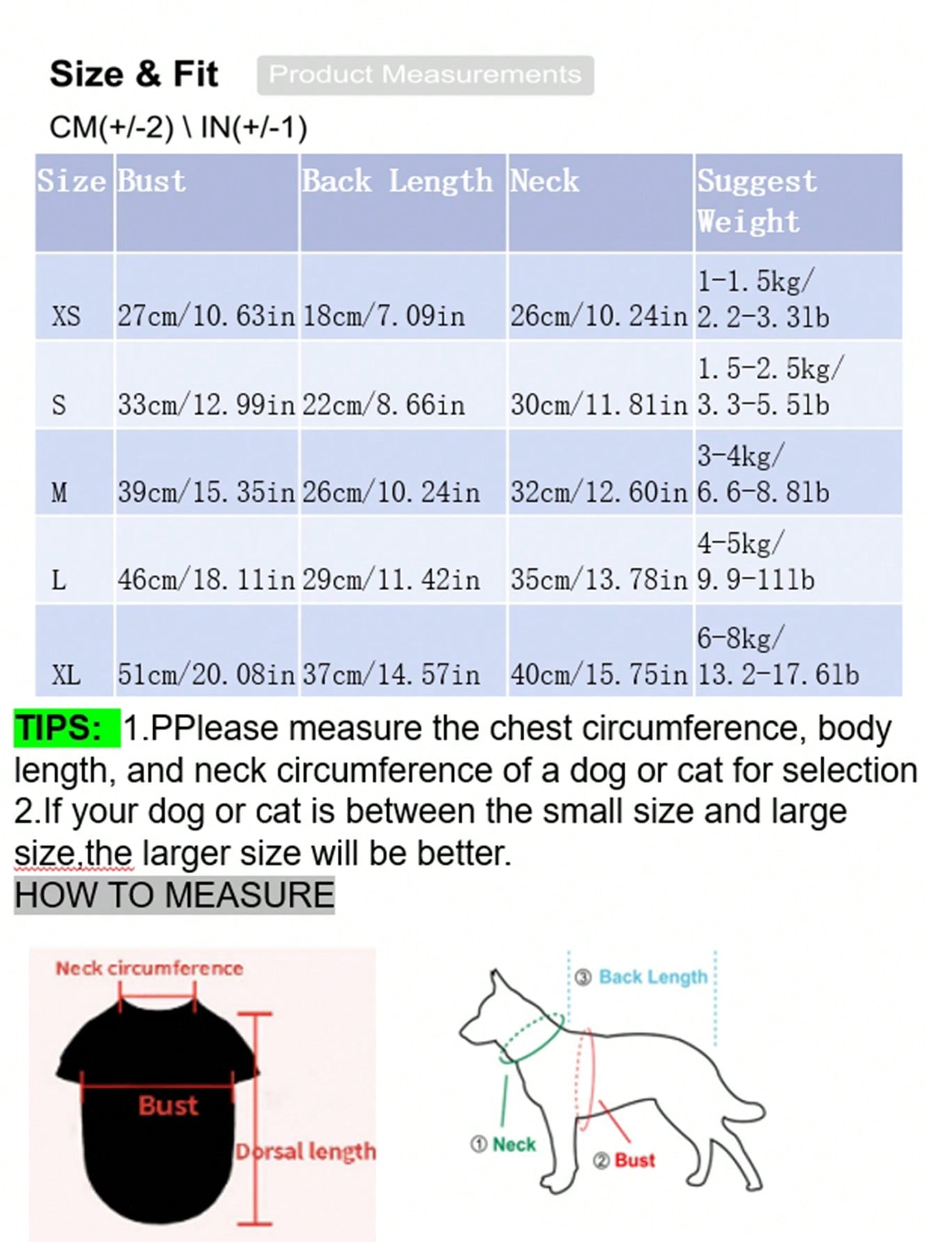 Pet coats size and fit