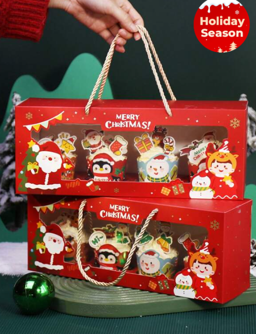 5pcs Christmas Paper Cupcake Box With Window For Muffin, Snowflake Cookie