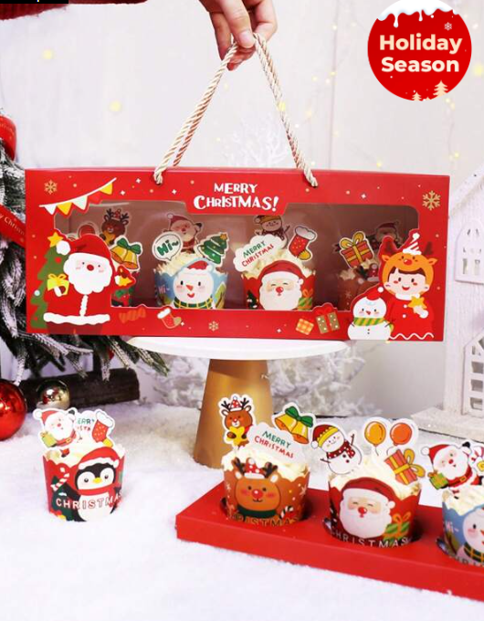 5pcs Christmas Paper Cupcake Box With Window For Muffin, Snowflake Cookie