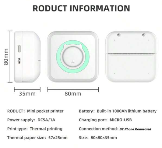 Mini Portable Thermal Printer with 9Rolls Papers Photo Pocket